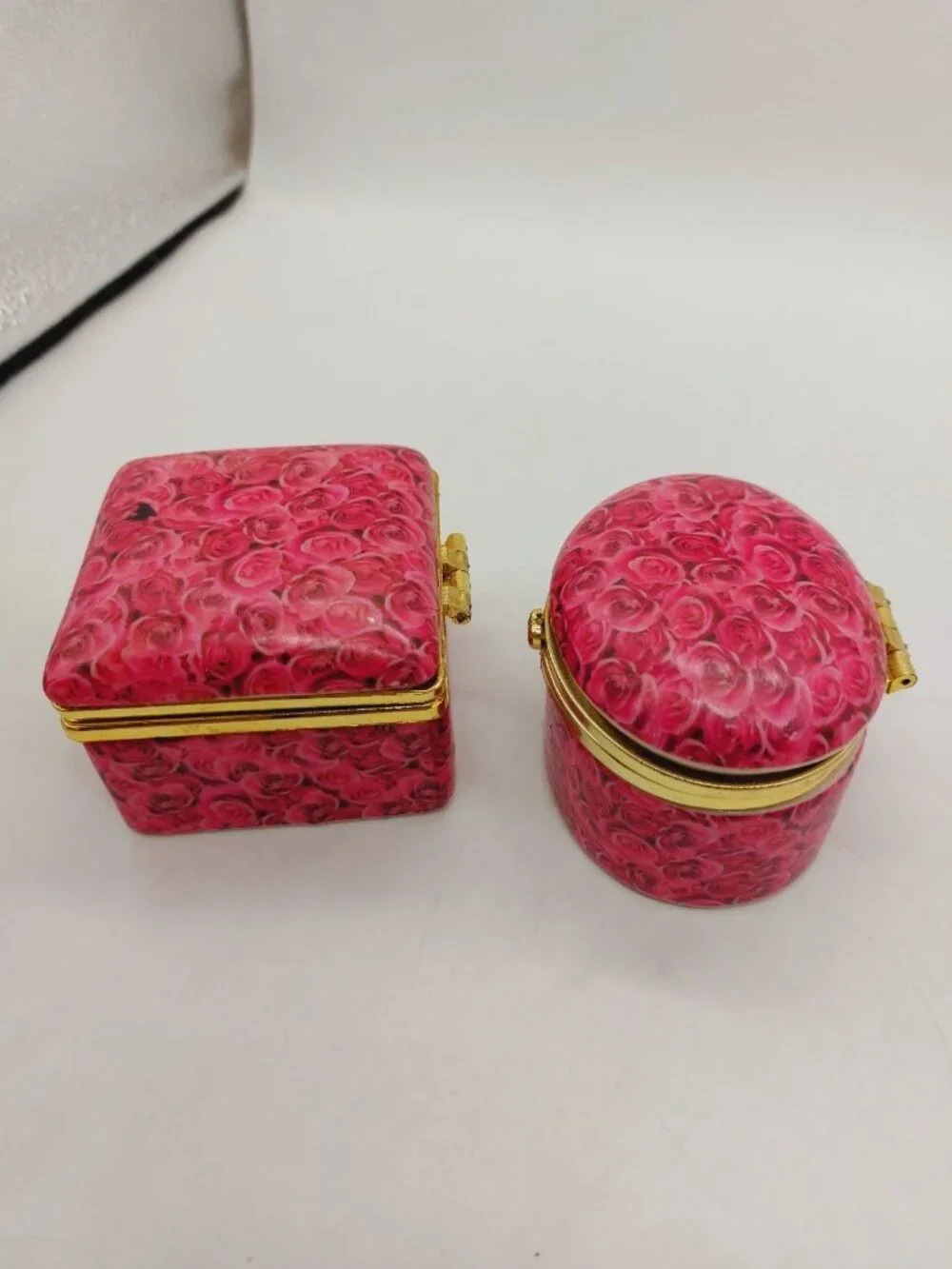 Trinket Box Pink Roses Hinged Round And Square Set Of 2 READ